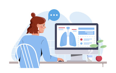 Examination of lungs online. Woman at computer looks at structure of bronchial system. Distance education and training at medical university. Healthcare and medicine. Flat vector illustration
