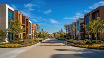 Obraz premium Modern Residential Street Under Blue Sky