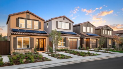 Obraz premium Modern Homes with Solar Panels in a Suburban Setting