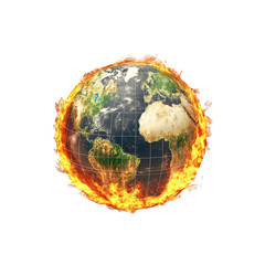 Fototapeta premium Earth engulfed in flames, representing climate change and global warming. isolated on transparent background PNG