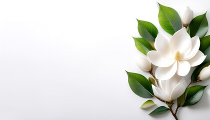 Fresh Magnolia flower garland foliage on side position provides copy space for text. background concept isolated white