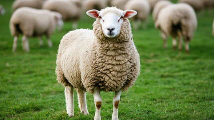 Fototapeta premium Sheep Grazing in a Green Pasture Landscape