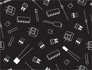 Obraz premium pattern of radio components, microcircuits, various electronic components on a black background