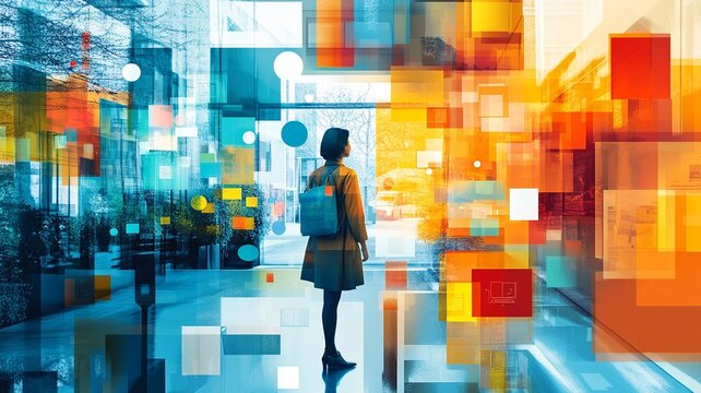 A vibrant collage showcasing diverse business settings, including modern offices and coworking spaces, integrated with tech elements like VR and AI, illustrating management strategies 