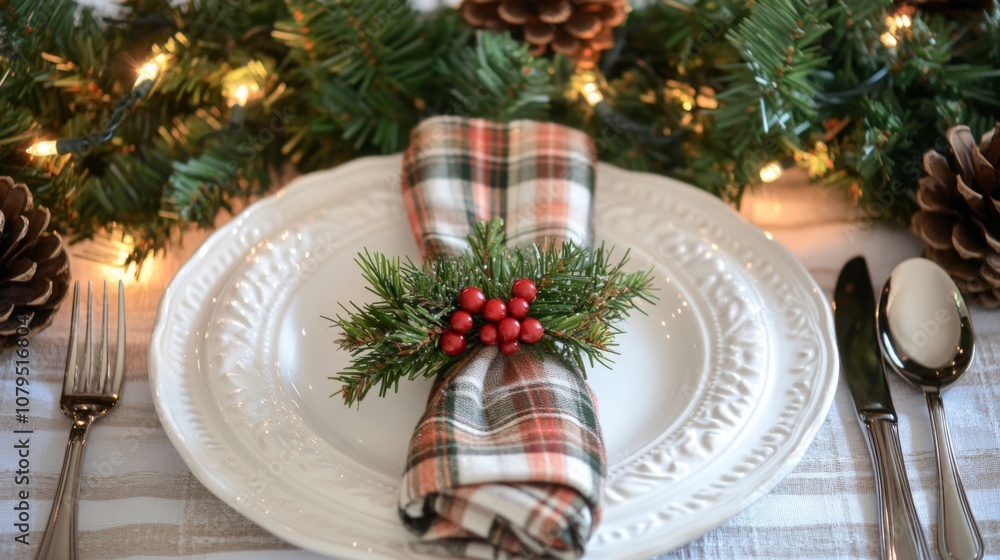 Aufkleber a decorative dinner table is elegantly set with a white plate, a tartan napkin, and pine branches ad