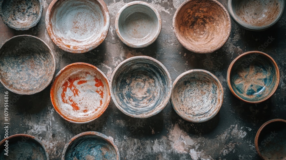 Poster a collection of ceramic bowls in various sizes and colors, arranged in a grid pattern on a rustic ba