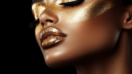 Close-up of a woman's face with golden makeup, eyes closed, and lips parted.