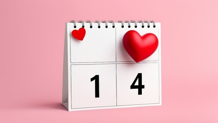 Minimalistic cute 3d Valentine's Day calendar, the number "14" on the calendar with a red heart and a place for text.