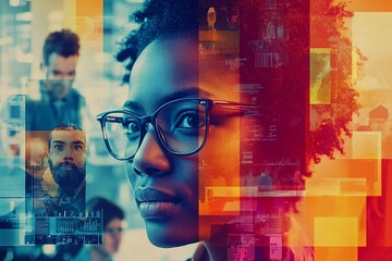 A vibrant collage showcasing diverse business settings, including modern offices and coworking spaces, integrated with tech elements like VR and AI, illustrating management strategies 