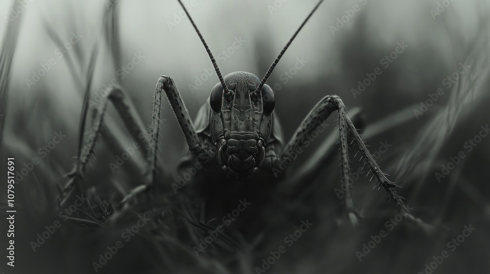 Poster a close-up black and white portrait of a grasshopper looking directly at the camera in a field of ta