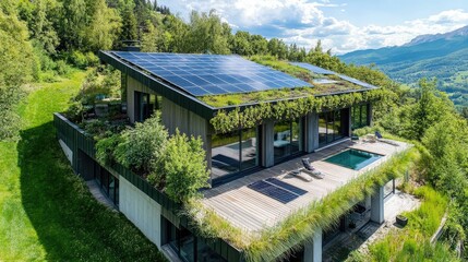 Fototapeta premium Modern Eco-Friendly House with Solar Panels and Green Roof