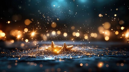 Naklejka premium Golden stars with glittering bokeh against a dark background create a magical ambiance.