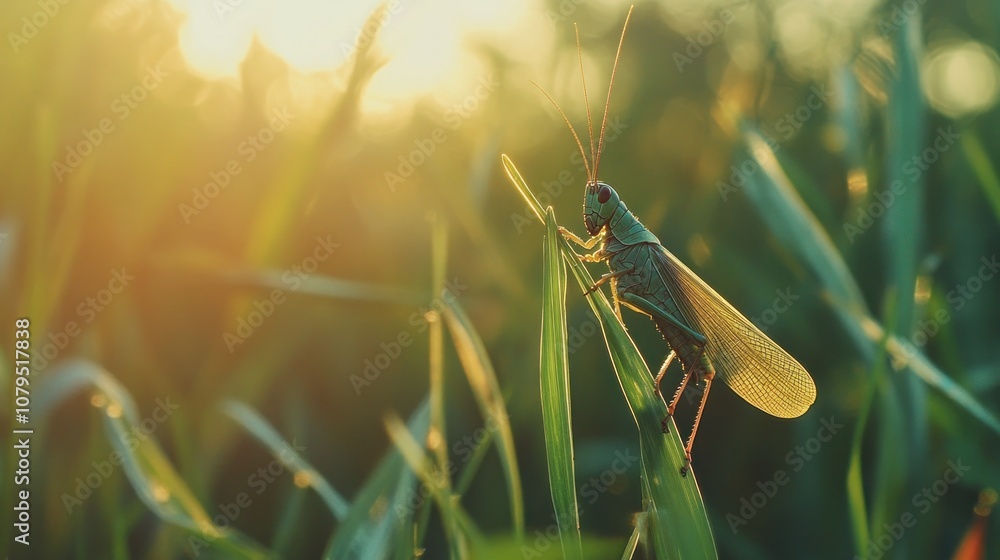 Poster a green grasshopper perched on a blade of grass in a field with the sun setting in the background.