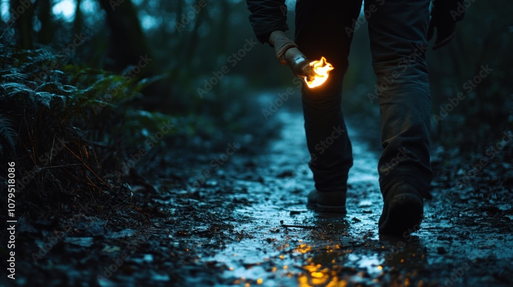 Poster a lone hiker walks through a dark forest with a torch illuminating the path.
