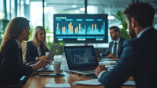 business team gathered around a table in a boardroom, discussing strategies for the upcoming quarter, using laptops and charts to analyze data and make decisions - Powered by Adobe