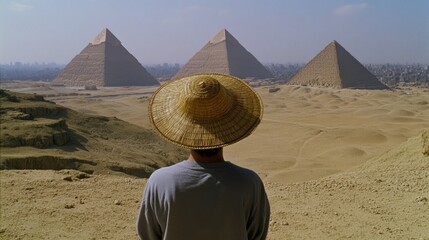 Diverse Traveler Gazes at Ancient Pyramids in Egypt