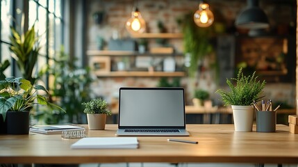 organized office desk with a laptop, notebooks, and stationery, perfectly arranged for productivity, surrounded by modern office decor and lighting