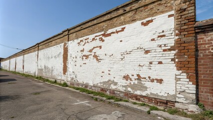 Panoramic view of a weathered brick wall with white paint, old brick, aged brick, brick exterior, vintage look, white painted