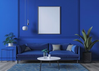 A blue sofa with pillows sits in front of a blue wall with a large. empty picture frame A plant and a coffee table with books and a vase are in front of the sofa
