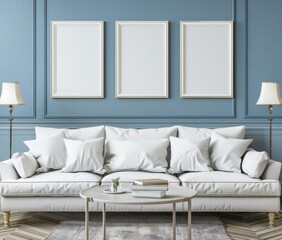 A minimalist living room interior with a white sofa. a coffee table. three framed artwork on a blue wall. a lamp. and a rug on the wooden floor