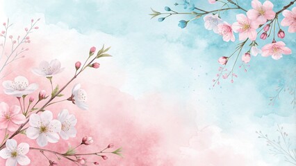 Fototapeta premium Pastel pink and baby blue watercolor background with subtle flower blooms, watercolor background, peaceful design