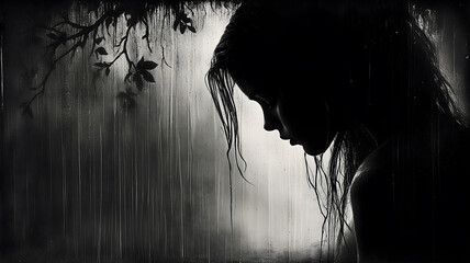 Girl in the Rain - monochrome photograph of a lone girl sitting in the rain