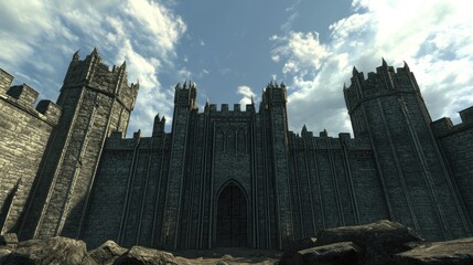 A grand stone castle with towers and an imposing entrance under a cloudy sky.