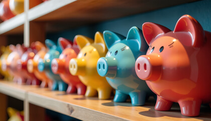 Obraz premium Colorful Piggy Banks on Wooden Shelves