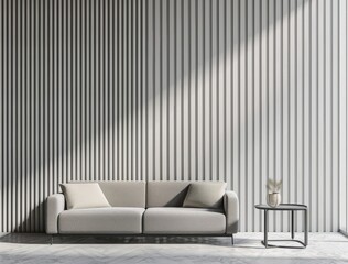 A white sofa with three cushions sits in front of a white wall with vertical grooves A round side table with a vase of dried flowers and books sits to the right of the sofa