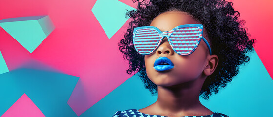 Stylish Young Girl Wearing Blue Sunglasses and Blue Lipstick Against a Colorful Background, Stylish Young Girl Wearing Blue Sunglasses and Blue Lipstick Aga