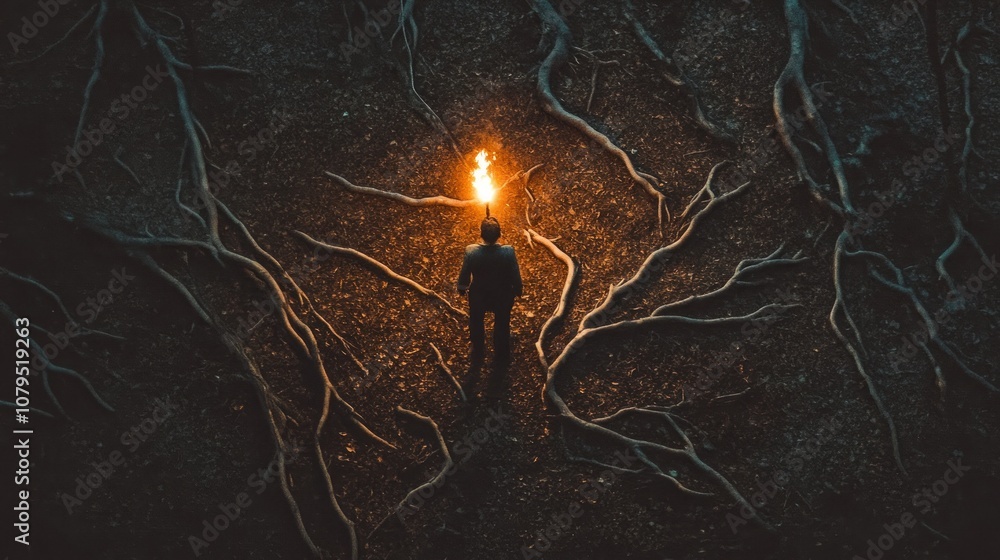 Poster a lone figure stands in a forest with a flaming torch on their head, surrounded by a network of root