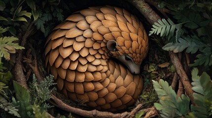 A pangolin curled up in a nest of leaves and branches, its scales providing protection.