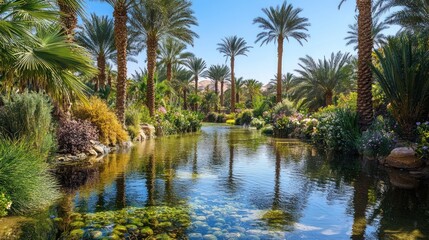Obraz premium A tranquil oasis with palm trees lining a still pond.
