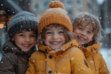 Obraz premium Three children of different races, dressed in winter , playing and laughing outdoors on a snowy day. 