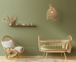 A cozy nursery with a wicker bassinet. a green wall. a wooden shelf with decor. and a natural woven rug on the floor