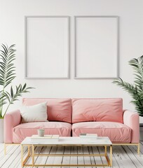 A minimalist living room with a pink sofa. white walls. and a white pendant lamp The sofa is adorned with pillows and a book. creating a cozy and inviting atmosphere