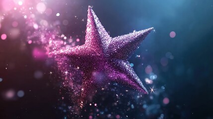 Shimmering purple star with sparkling bokeh in a dreamy, colorful background.