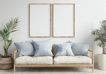 Two empty picture frames hanging above a white couch with blue throw pillows in a minimalist living room