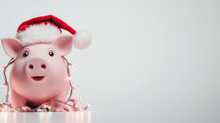 Piggy bank wearing Christmas lights and Santa hat, spreading joy.