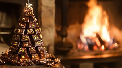 Delicious chocolate christmas tree with pistachios by cozy fireplace for a festive new year celebration