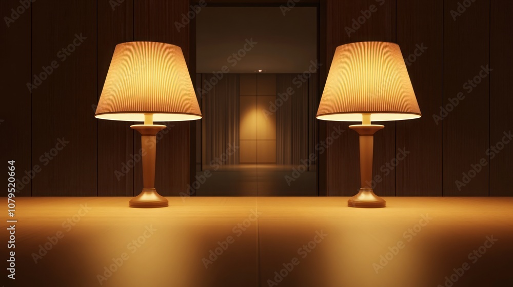 Poster two identical lamps with warm light cast a soft glow on a wooden table in front of an open doorway l
