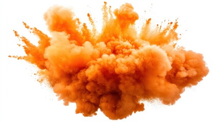 A vibrant orange explosion of dust and smoke fills the frame, creating a dramatic and energetic visual impact.
