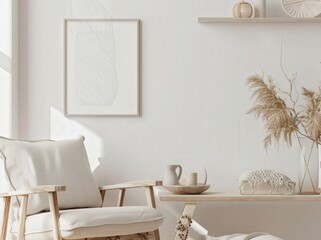 Minimalist living room interior with a large framed poster. a comfortable armchair. a decorative plant. and sunlight streaming through the window