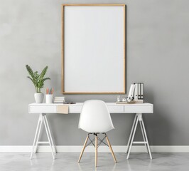 A minimal home office with a white desk. wooden chair. and a framed poster