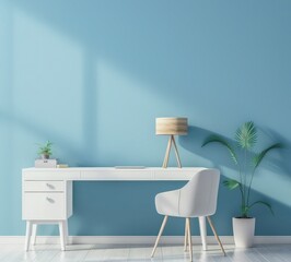 A minimal home office with a white desk. a white chair. a wooden lamp. a vase with white flowers. and a blue wall