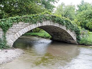 Fototapeta premium A stone arch bridge covered in greenery spans a calm stream in a natural setting.