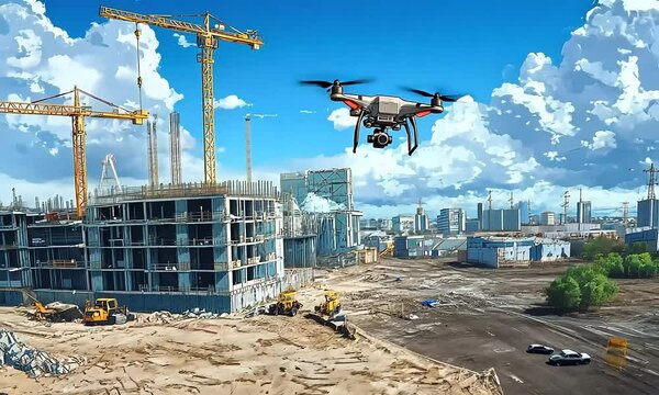 Drone Surveying Construction Site with Cranes ai generated.
