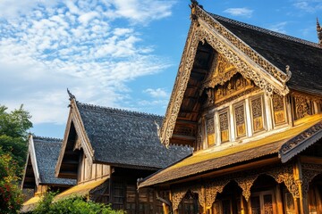 Traditional wooden architecture with intricate designs under a blue sky.