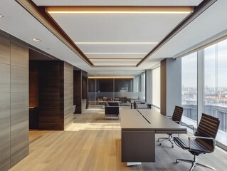 Modern office interior with sleek design and large windows offering city views.