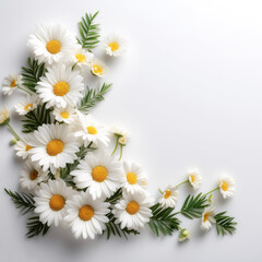 Fototapeta premium Fresh Daisy flower garland foliage on side position provides copy space for text. background concept isolated white